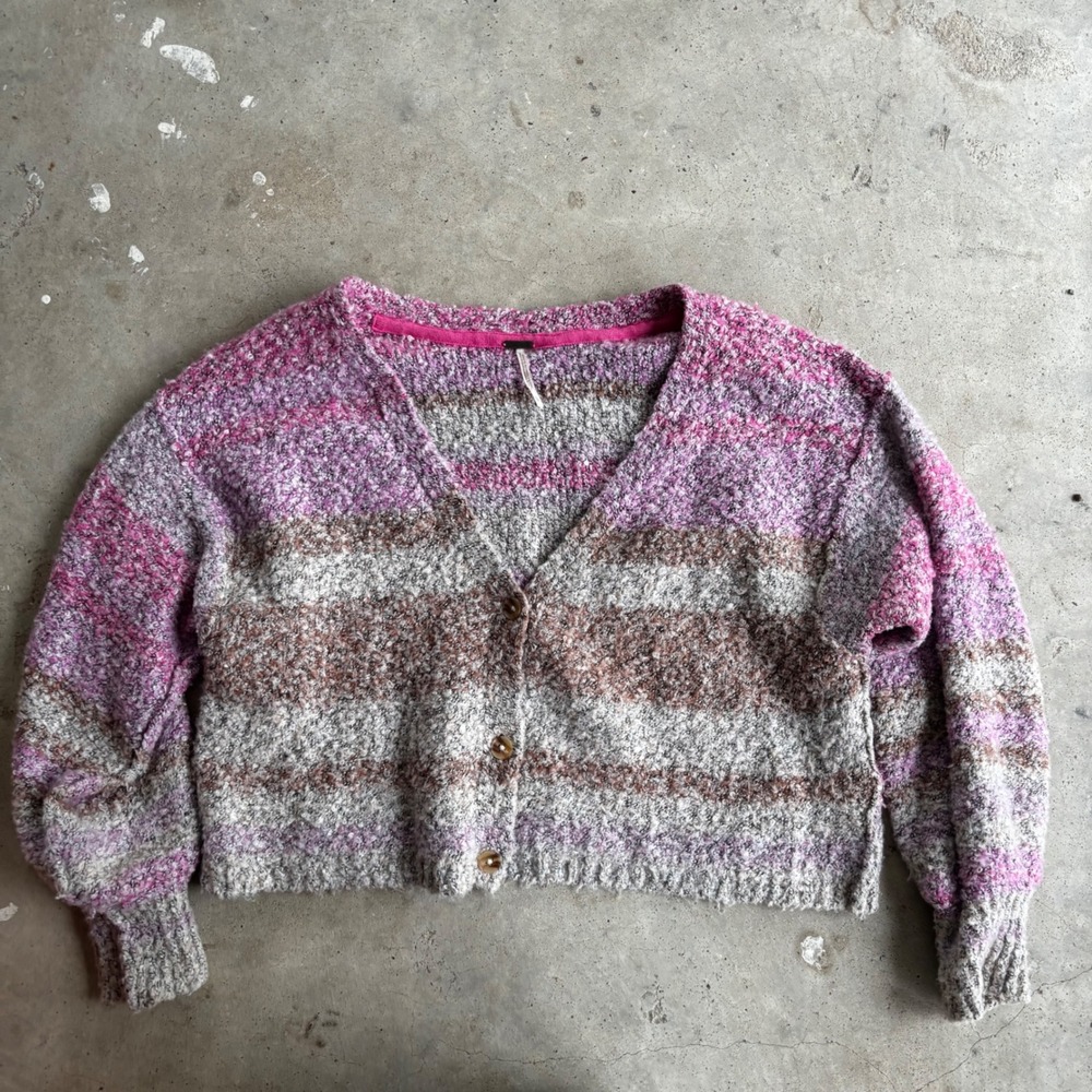 Free People Striped‎ Boucle Knit Cropped Cardigan Sweater Pink Purple Brown Gray